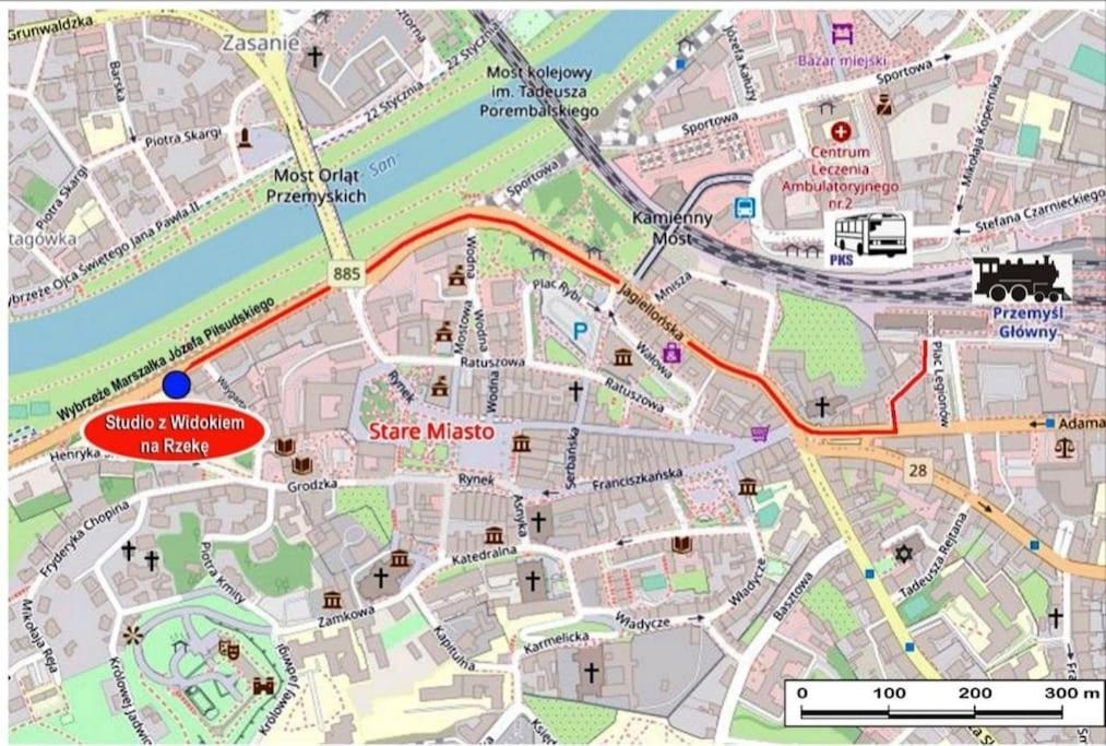 a map of the city of singapore with a red marker at Studio z widokiem na rzekę in Przemyśl