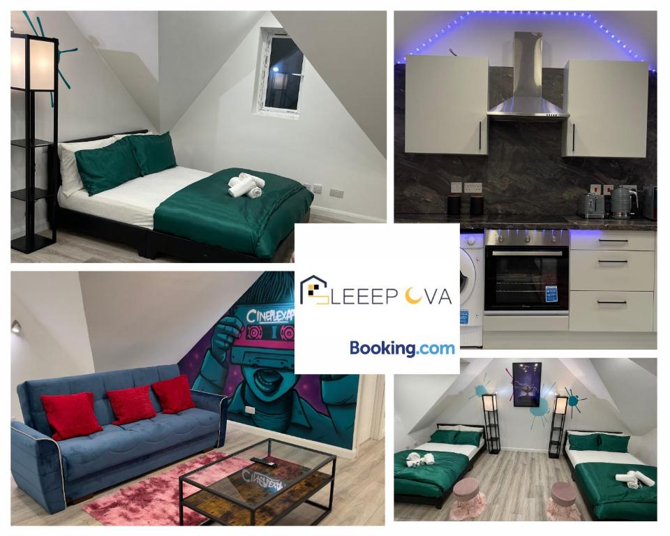 a collage of pictures of a bedroom and a living room at Luxury & Modern 1 BR Apartment 5Plus Guests Couples Families Business SleeepOva Short Lets & Serviced Accommodation in London