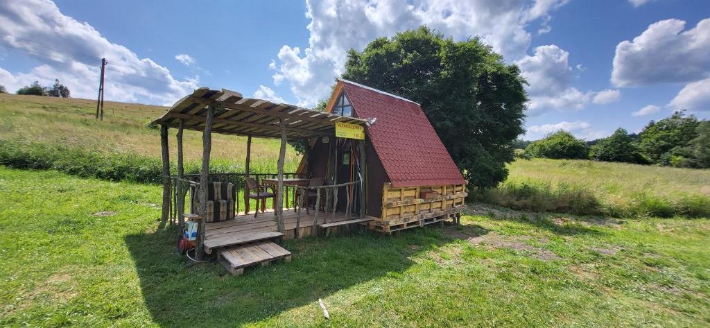 una piccola casa in legno in un prato di Altana letnia nr2 - Herbergerówka Agroturystyka na wsi a Stosrow
