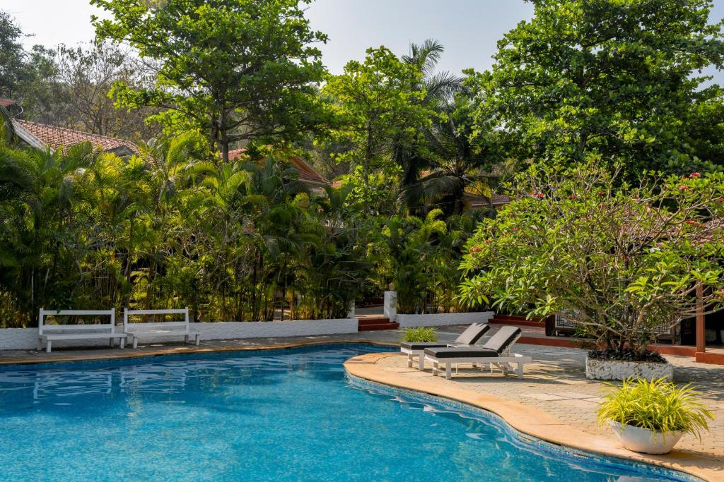 a swimming pool with two lounge chairs and trees at Beachside Bliss Villas by The Blue Kite - Candolim 10 min walk from Sinquerim Beach in Sinquerim