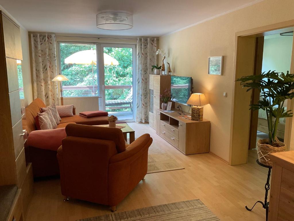 a living room with a couch and a tv in it at Ferienwohnung Schwarzatal in Schwarzburg