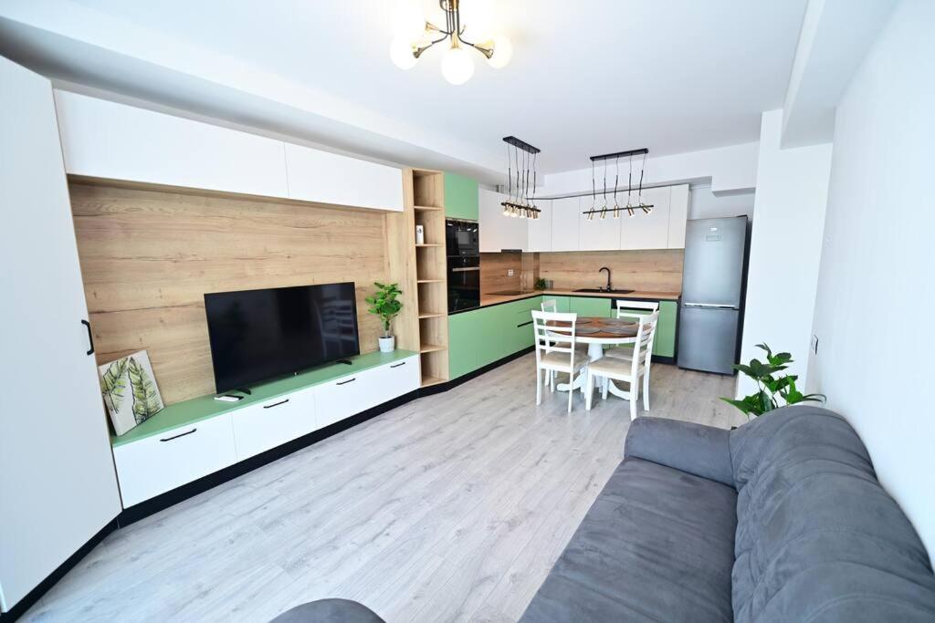 a living room with a couch and a kitchen at FLH - The Lake Home - Apt 33 in Sibiu