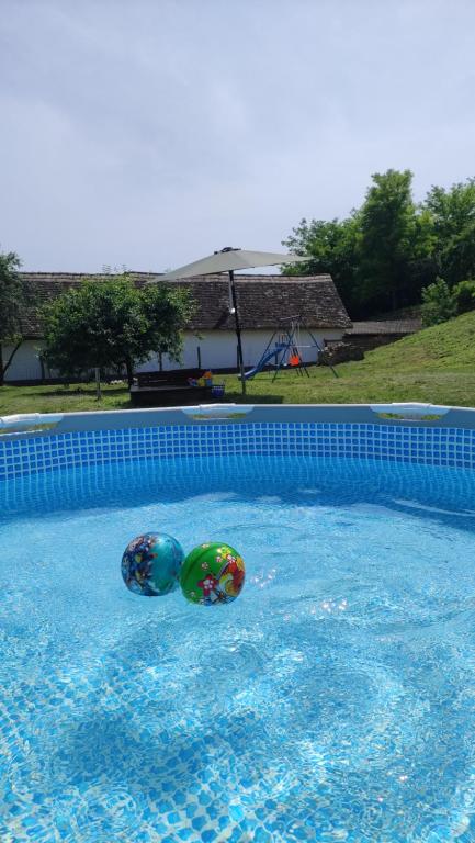 dos bolas en el agua en una piscina en Szajkó Vendégház, en Mucsi