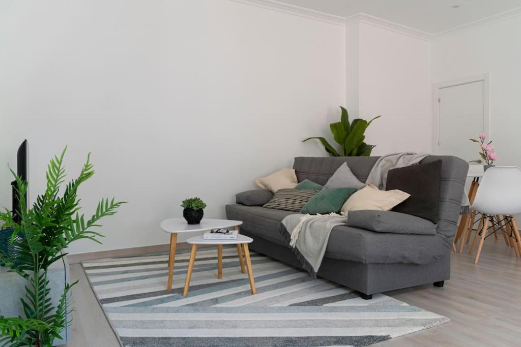 a living room with a gray couch and a table at Precioso Estudio junto a la catedral in Burgos