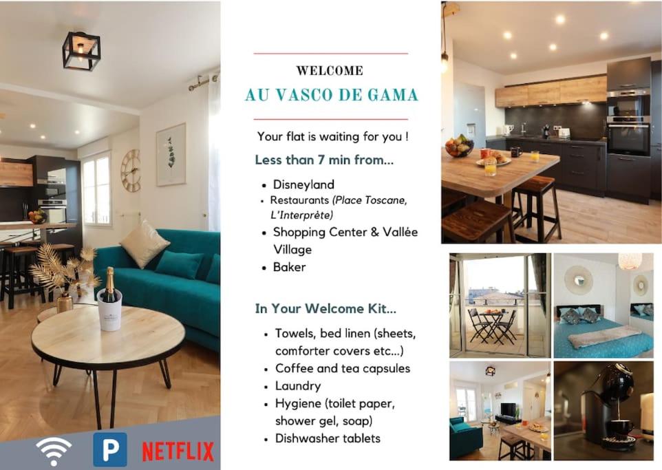 un collage de photos d'un salon et d'une cuisine dans l'établissement Au Vasco - Self Check-In, Private Parking, à Serris