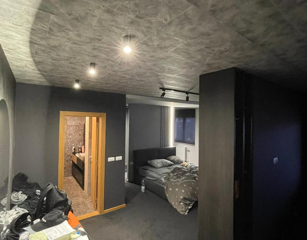 uma sala de estar com uma cama e um quarto com uma cama em Lux superior apartment em Novi Sad