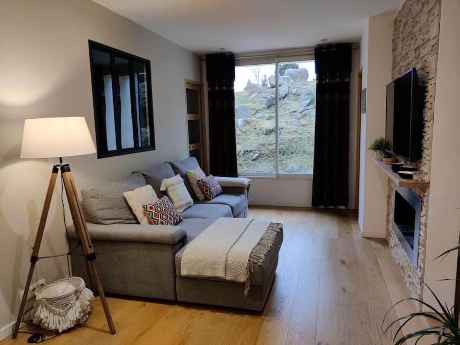 a living room with a couch and a fireplace at Appartement 65 m² proche pistes in Bolquere Pyrenees 2000