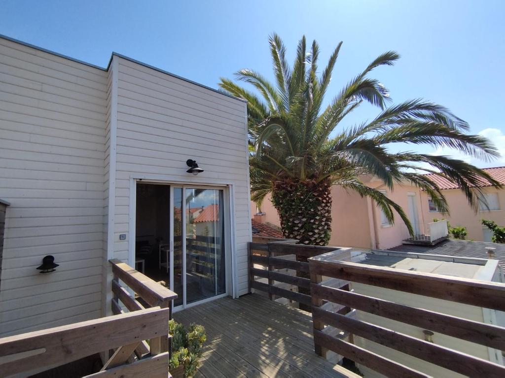een huis met een terras en een palmboom bij Appartement indépendant avec terrasse à 200m de la plage in Canet-en-Roussillon