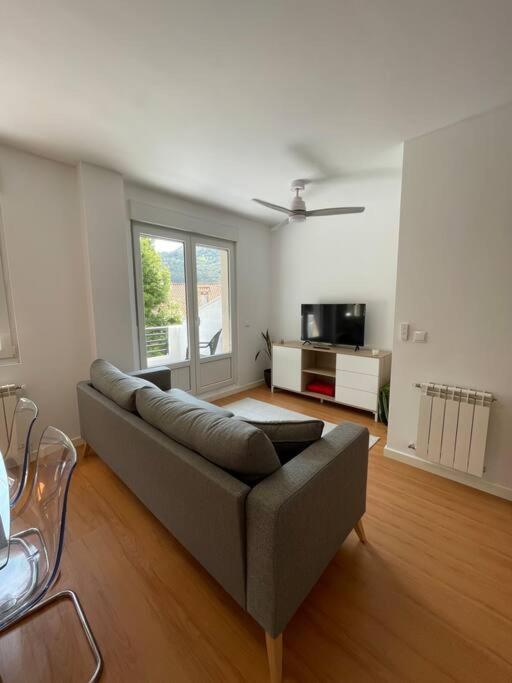 a living room with a couch and a tv at Bajo con Terraza Asón River in Limpias