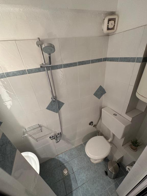 a small bathroom with a toilet and a shower at Valente Rooms Kythira in Kythira