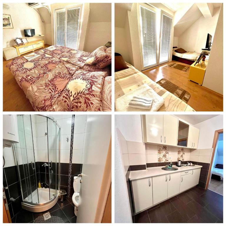 a collage of four pictures of a bedroom at A&M Apartments in Ohrid