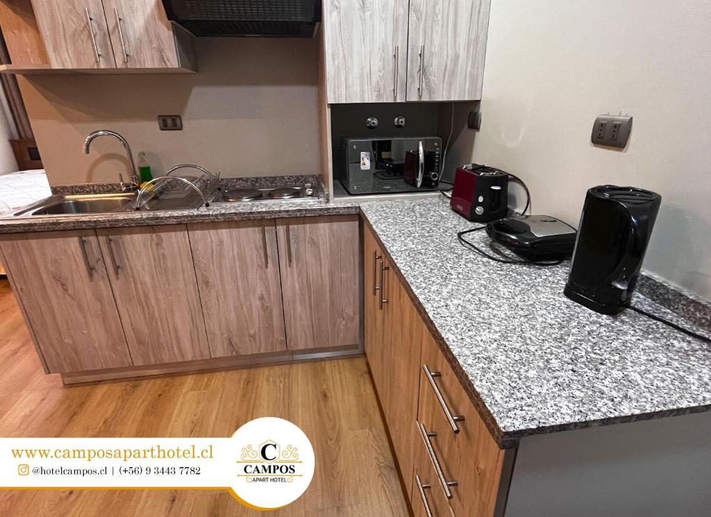 Kuchyň nebo kuchyňský kout v ubytování Apart Hotel Campos Rancagua
