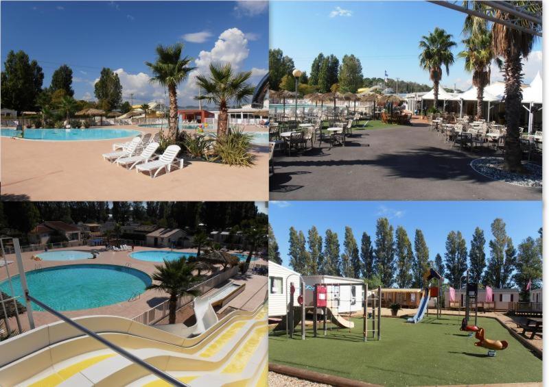 un collage de quatre photos d'un complexe avec une piscine dans l'établissement Mobil home le Montourey, à Fréjus