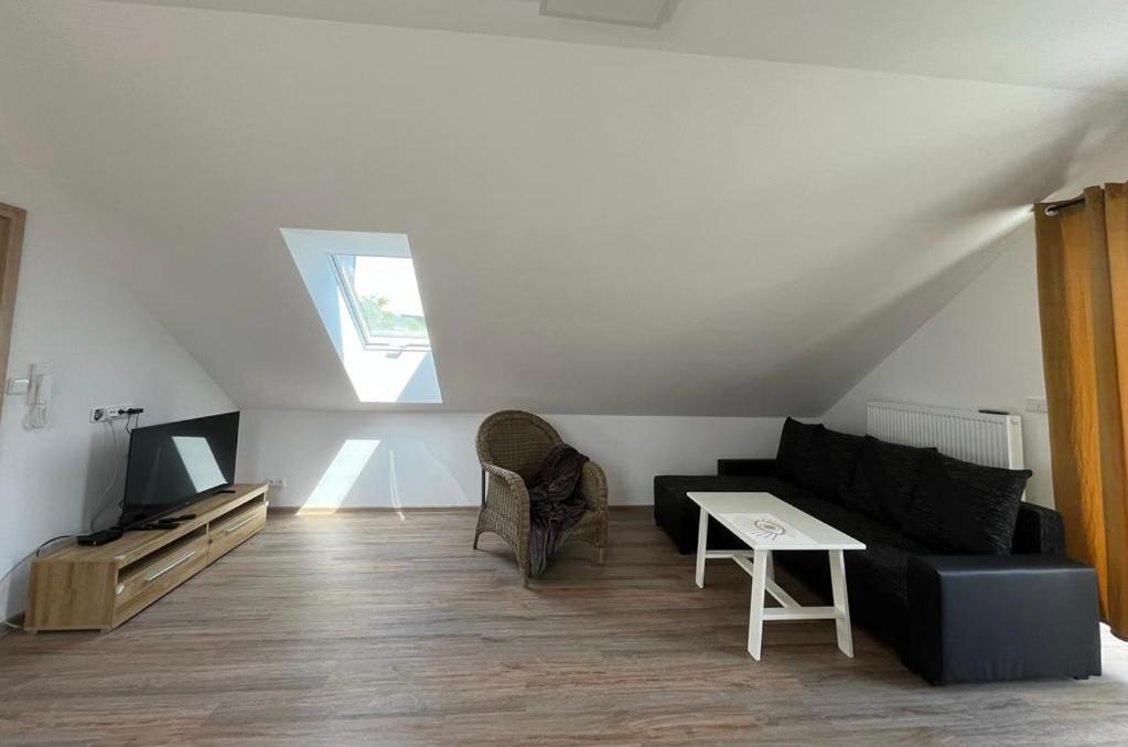 ein Wohnzimmer mit einem schwarzen Sofa und einem TV in der Unterkunft Apartmány Tobias in Běšiny