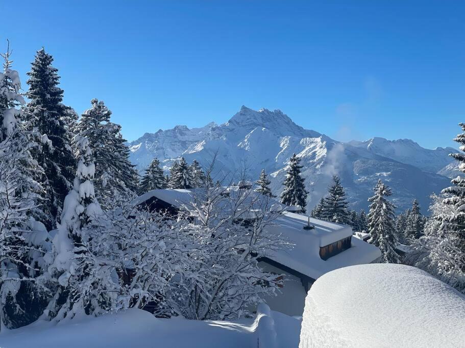 una casa cubierta de nieve con una montaña en el fondo en Villars Alpine Heaven - Ski In, en Villars-sur-Ollon