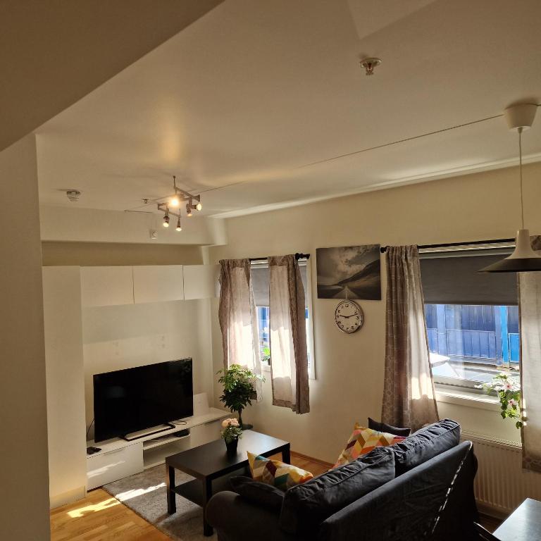 a living room with a couch and a tv at Spacious 1 bedroom apartment in Lorenskog