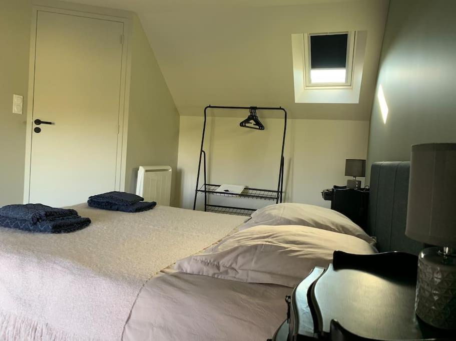 1 Schlafzimmer mit 2 Betten und einem Spiegel in der Unterkunft Robert&#39;s Family Petite Maison de Ville in Plancoët