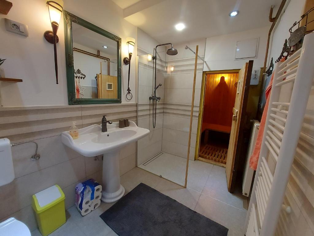 a bathroom with a sink and a shower and a mirror at Rogla - Chalet Mojca Pokrajculja in Zreče