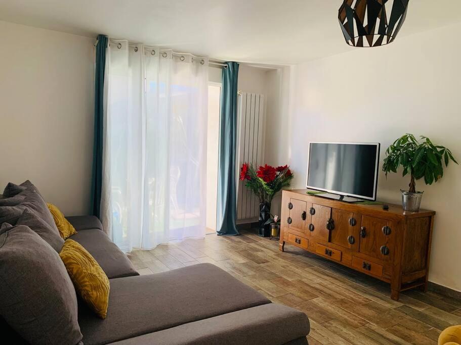 a living room with a couch and a tv on a dresser at Jolie Appartement Rez de jardin in Pégomas