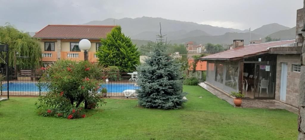 a yard with a christmas tree next to a house at Cabañas Lunas y Soles in Potrero de los Funes