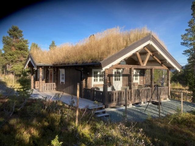 una casa con techo de hierba y porche en Spurveslottet - cabin by the amazing Trollheimen 