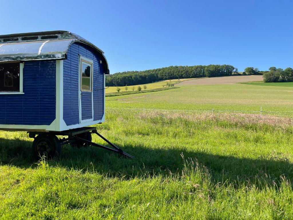a blue shed sitting in a field of grass at Zirkuswagen im Weserbergland in Aerzen