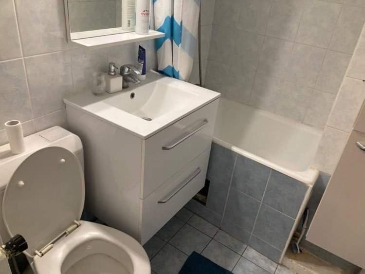 een badkamer met een toilet, een wastafel en een bad bij Studio 25 m2 in Antony