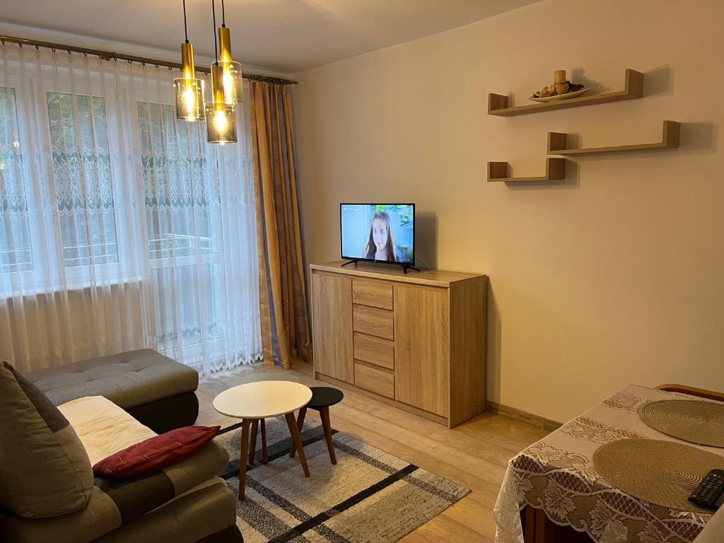 a living room with a couch and a television at Apartament Na Piątkę in Sopot