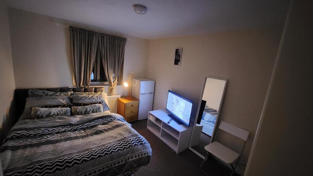 een slaapkamer met een bed en een flatscreen-tv bij Moris Lodge in Hither Green