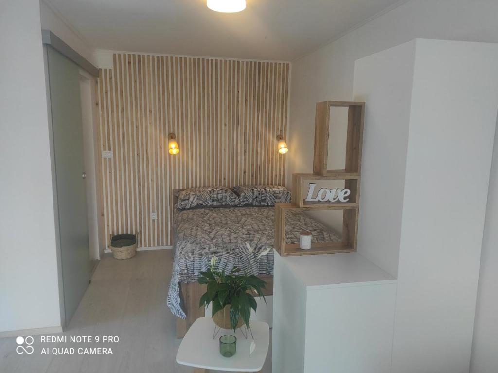 - une chambre avec un lit et une plante en pot dans l'établissement Mati, à Ripenda Kras