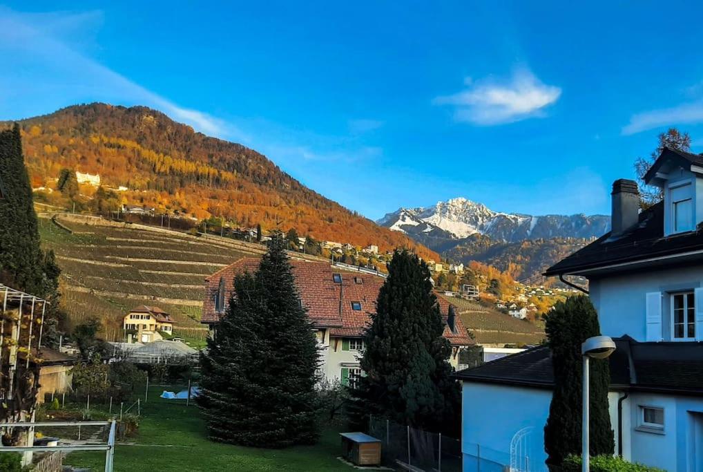 a view of a village with mountains in the background at Duplex avec vue lac et montagnes in Montreux