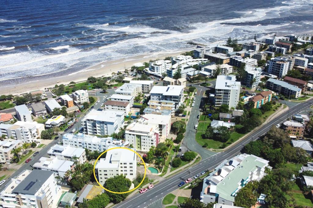 an aerial view of a city and the beach at Stylish 2 B/R Kings Beach Apartment (6 guests) ZF4 in Caloundra