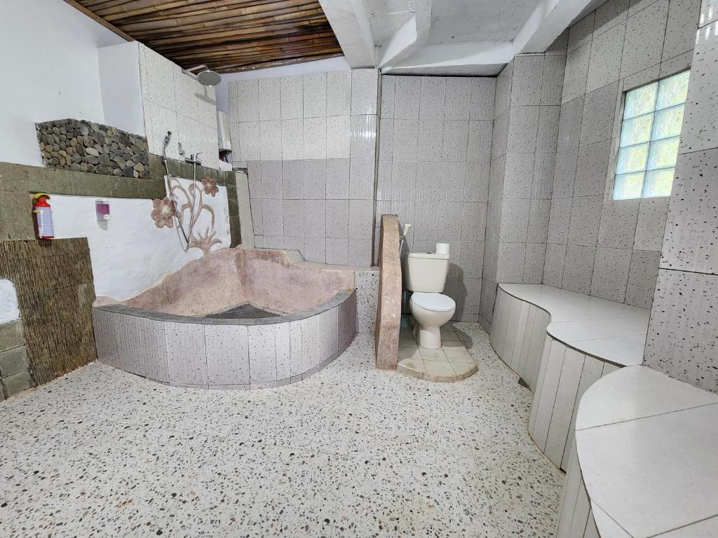 a bathroom with a tub and a toilet at Jungle Inn Bukit lawang in Bukit Lawang