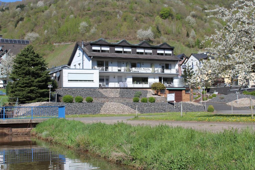 a large house on the side of a river at Pension Mosella , Wohnung mit Balkon und Moselblick in Sankt Aldegund