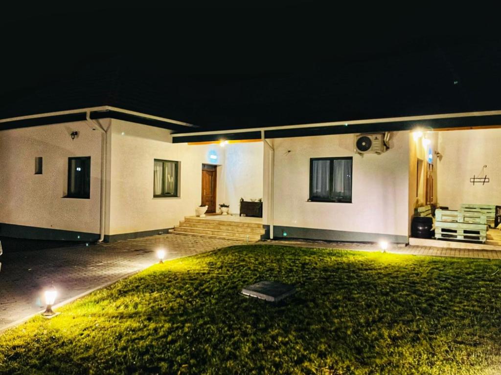 a house with a grassy yard at night at Domeniul Bondarelului in Ocolişu Mic