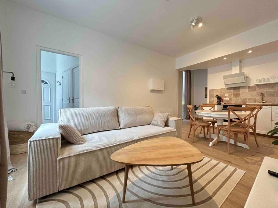 - un salon avec un canapé et une table dans l'établissement Nouvel Appartement cosy centre-ville, à Épernay