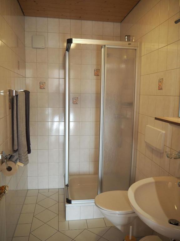 a bathroom with a shower and a toilet and a sink at Haus Baleisa in Gaschurn