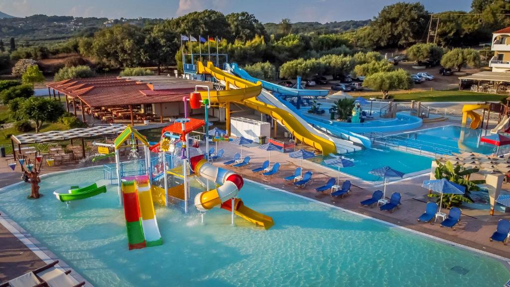 an overhead view of a water park with slides at Hotel Kanali in Kanali