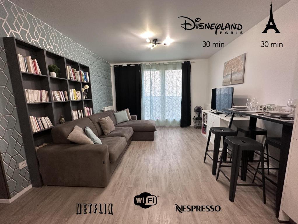 a living room with a couch and a table at Appartement neuf Disney-Paris in Bonneuil-sur-Marne