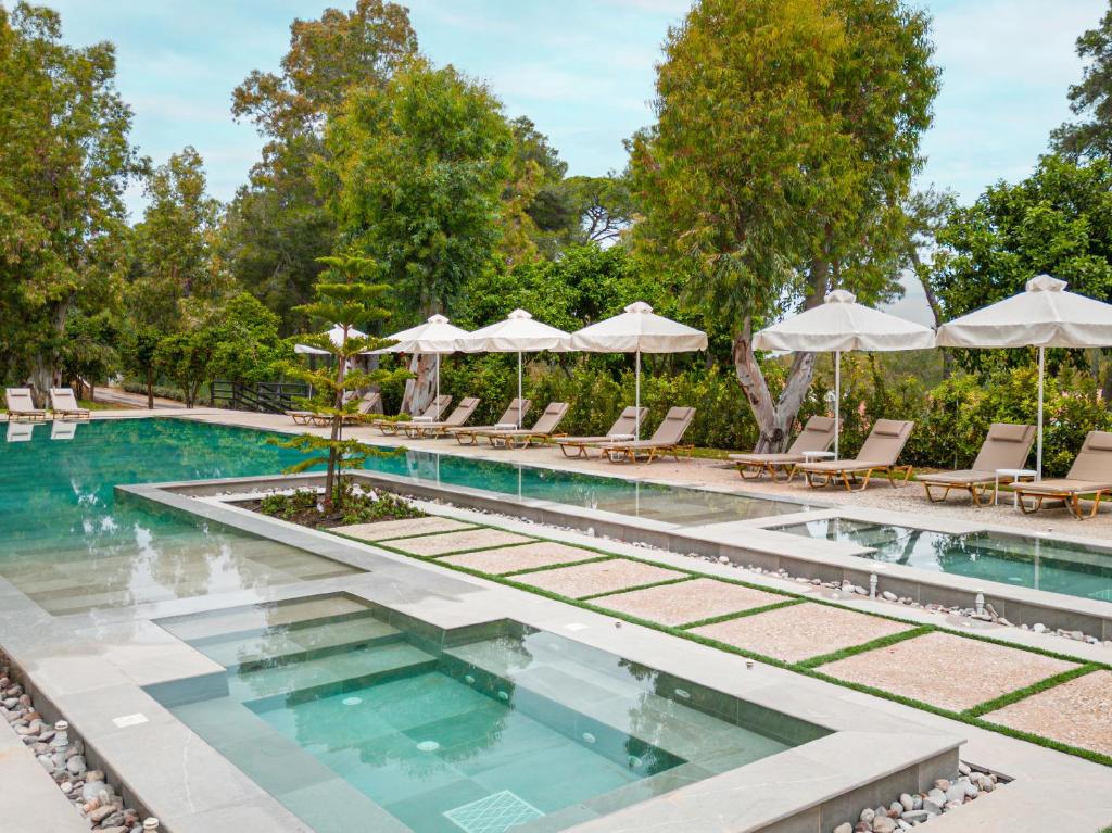 an image of a swimming pool with chairs and umbrellas at Grecotel Ilia Palms & Aqua Park in Loutra Killinis