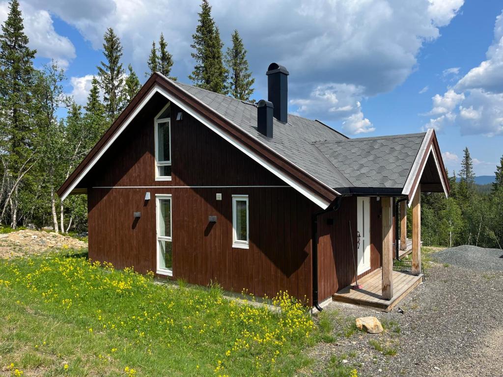 uma casa castanha com um telhado preto em Sykkelhytte ved Slåtten i Synnfjellet em Nord Torpa