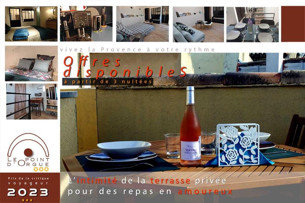 a collage of pictures of a room with a bottle of wine at Le point d'Orgue - Gagnant du Prix de la critique voyageur 2023 - vivez la Provence à votre rythme in LʼIsle-sur-la-Sorgue