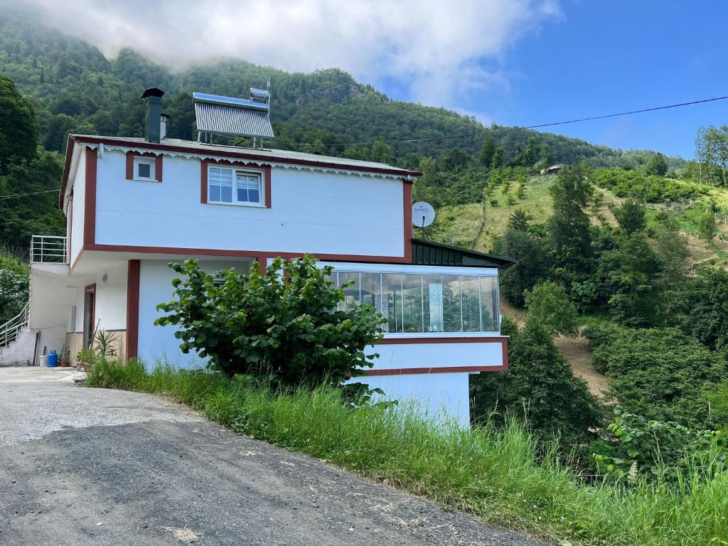 a house on the side of a hill at Erhan Usta Canlı Alabalık Tesisi in Trabzon