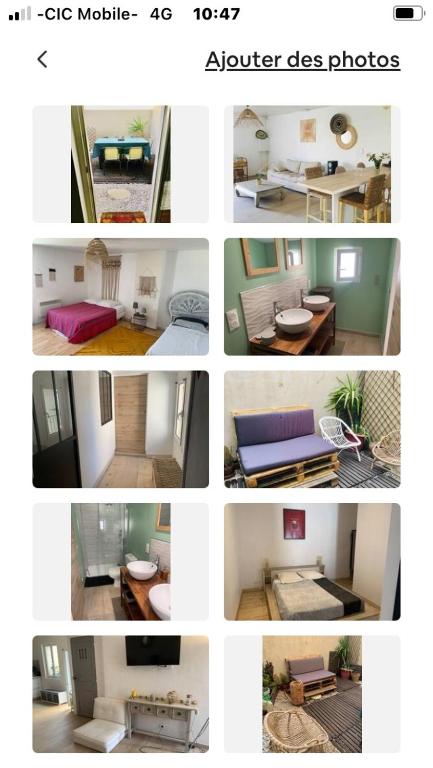 a collage of different pictures of a room at Chez Berthe in Arles