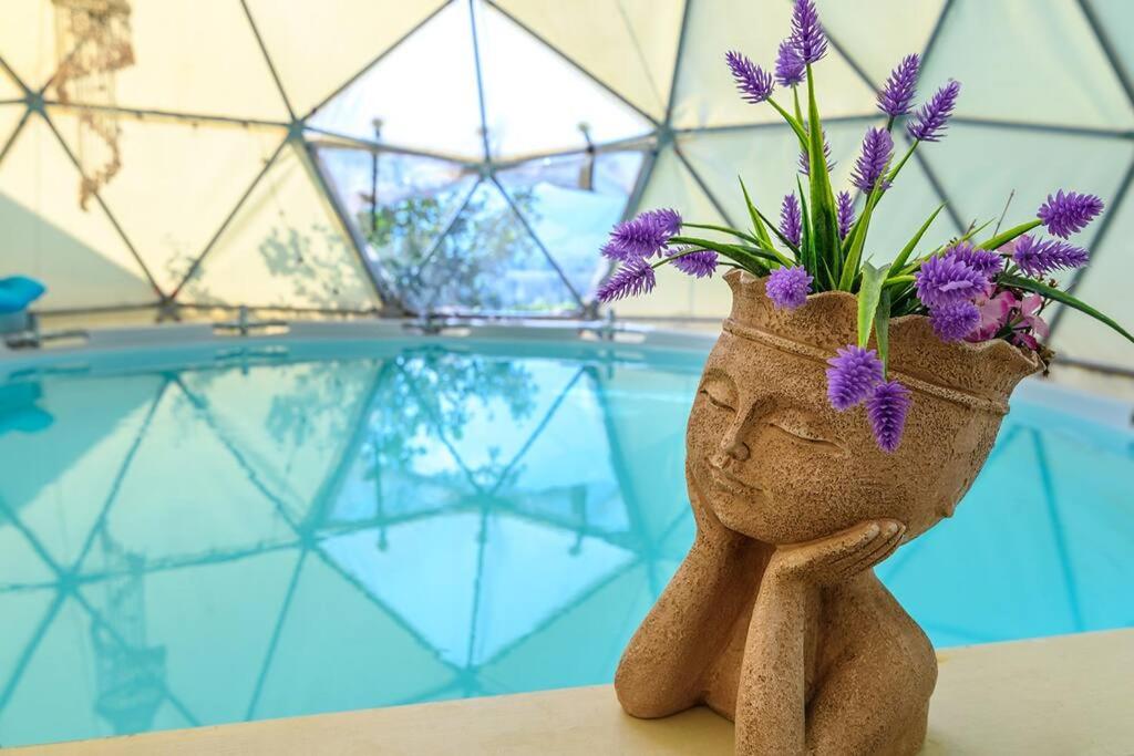 a vase filled with purple flowers sitting next to a pool at פשוט מים. יחידה קסומה עם נוף מרהיב ובריכה מחוממת in Gonen