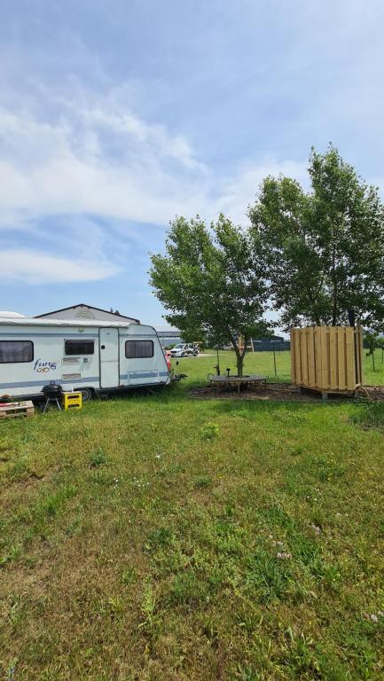 a trailer parked in a field with a tree at Louise´s Camper in Neusiedl an der Zaya