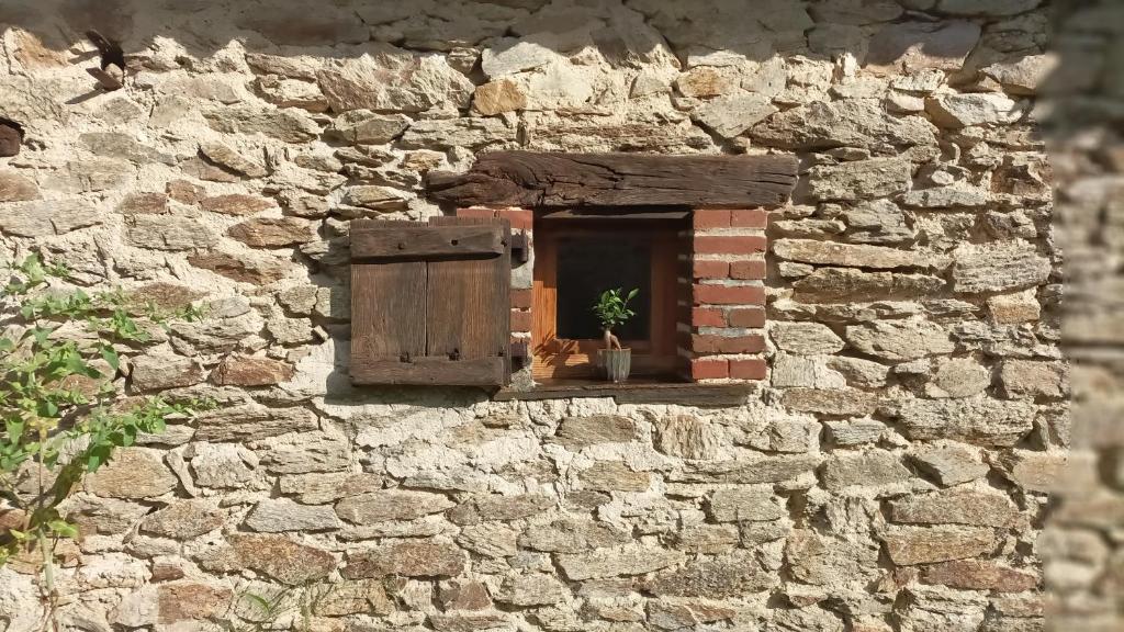 a stone building with a window with a plant in it at Chambre insolite in Saint-Mathieu