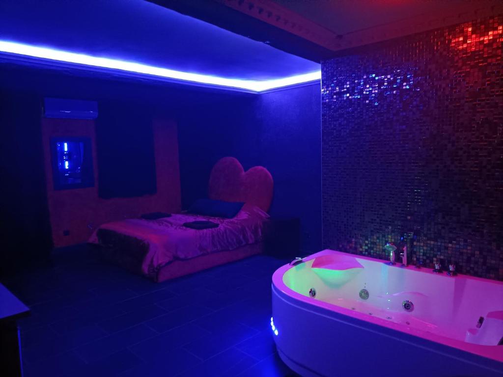 a room with a bed and a tub in a room at L'instant romance Le Romantique in Castelnaudary