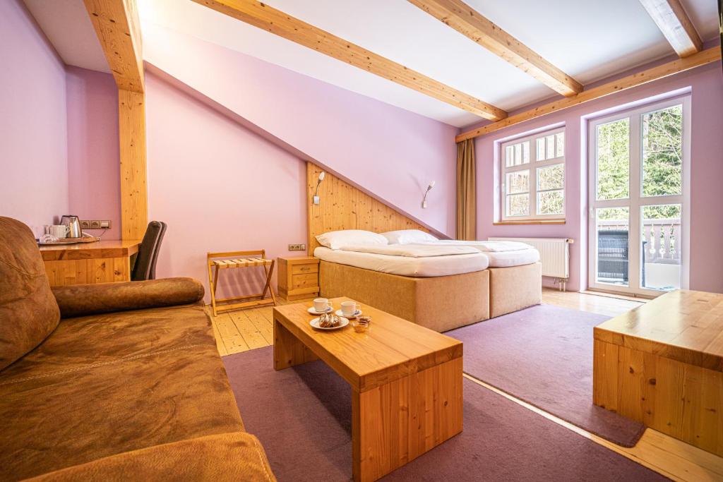 uma sala de estar com uma cama e um sofá em Hotel Sepetná em Ostravice