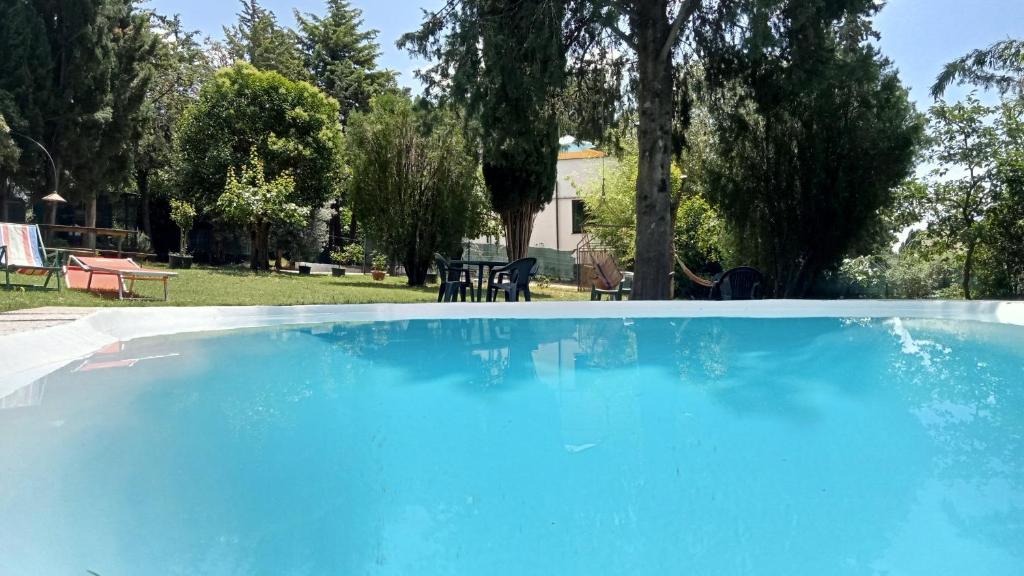 a large blue swimming pool in a yard with trees at Villa con Piscina in Umbria in Foligno